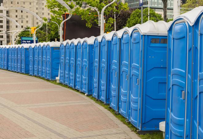 a row of portable restrooms at an outdoor special event, ready for use in Algonquin IL